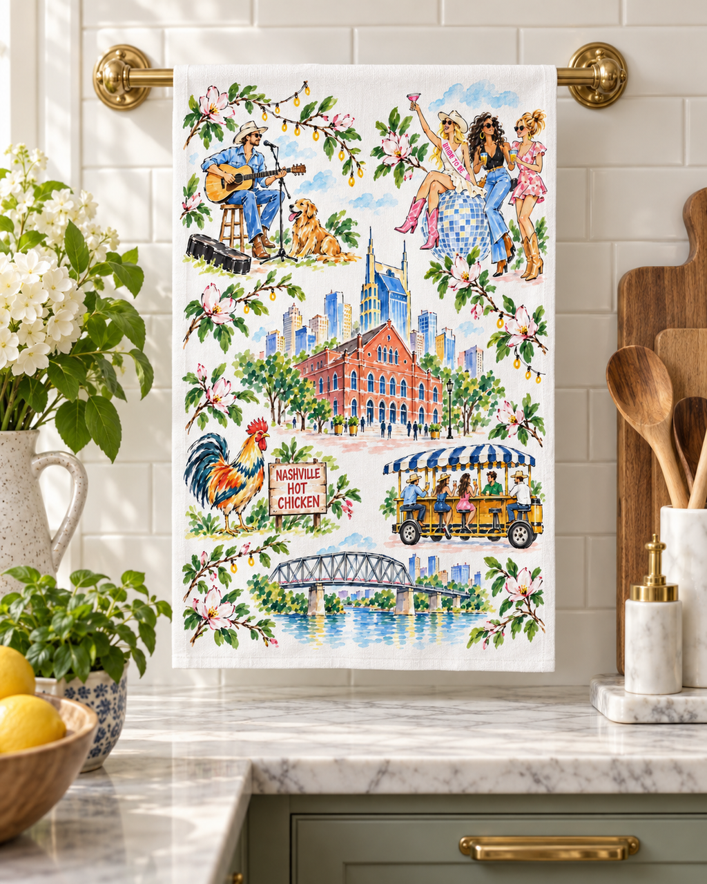Nashville Watercolor Tea Towel | Music City Tennessee Kitchen Towel | Ryman, Hot Chicken & Honky Tonk Southern Gift