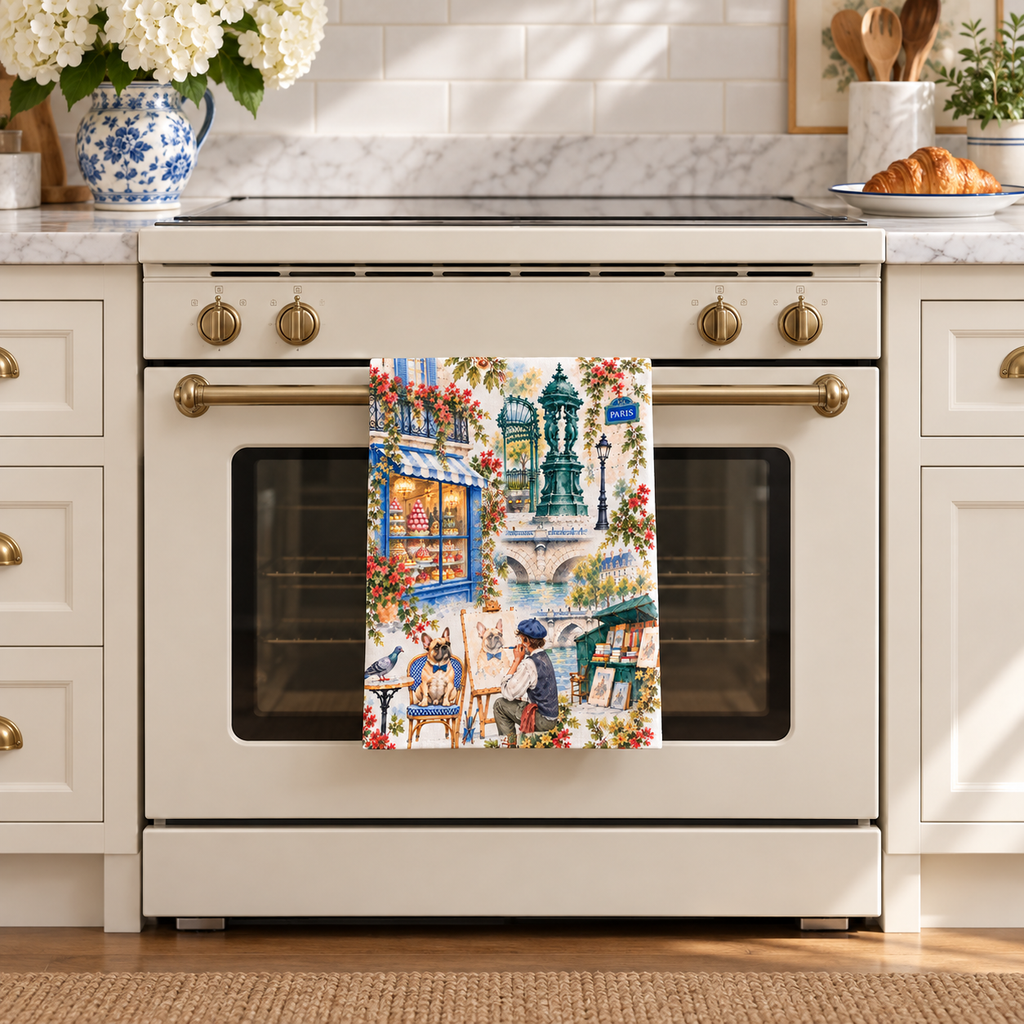 Paris Watercolor Tea Towel – French Bulldog, Paris Café & Patisserie Kitchen Towel