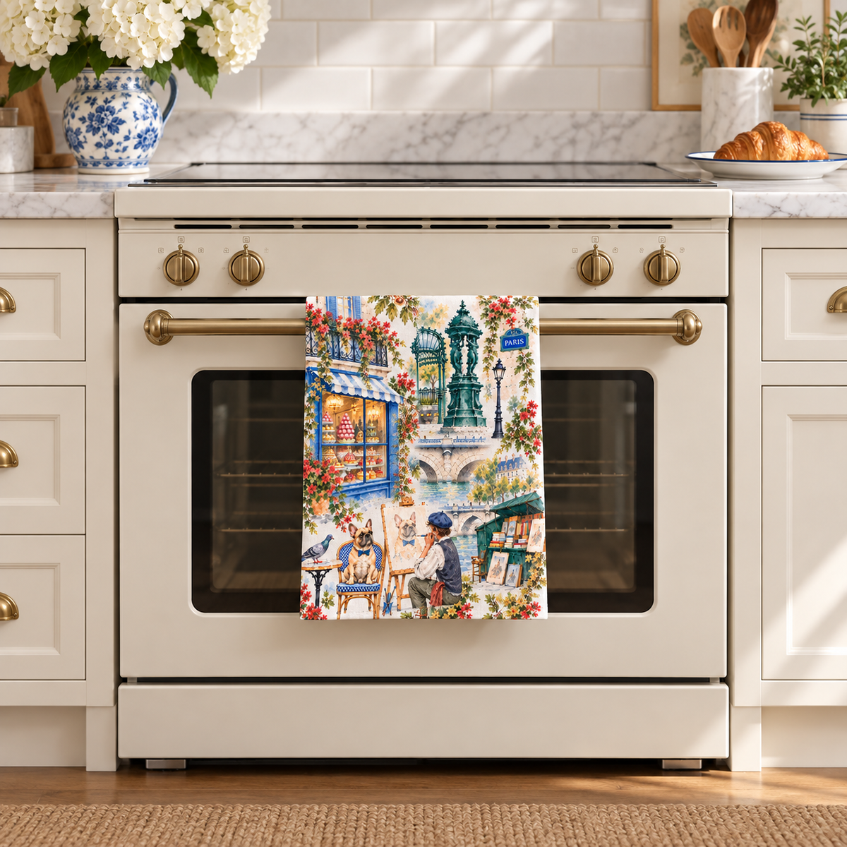 Paris Watercolor Tea Towel – French Bulldog, Paris Café & Patisserie Kitchen Towel
