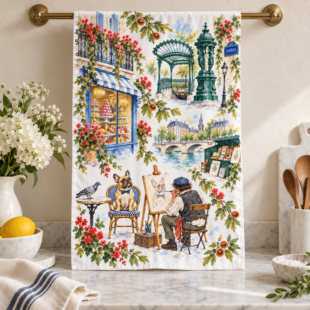 Paris Watercolor Tea Towel – French Bulldog, Paris Café & Patisserie Kitchen Towel