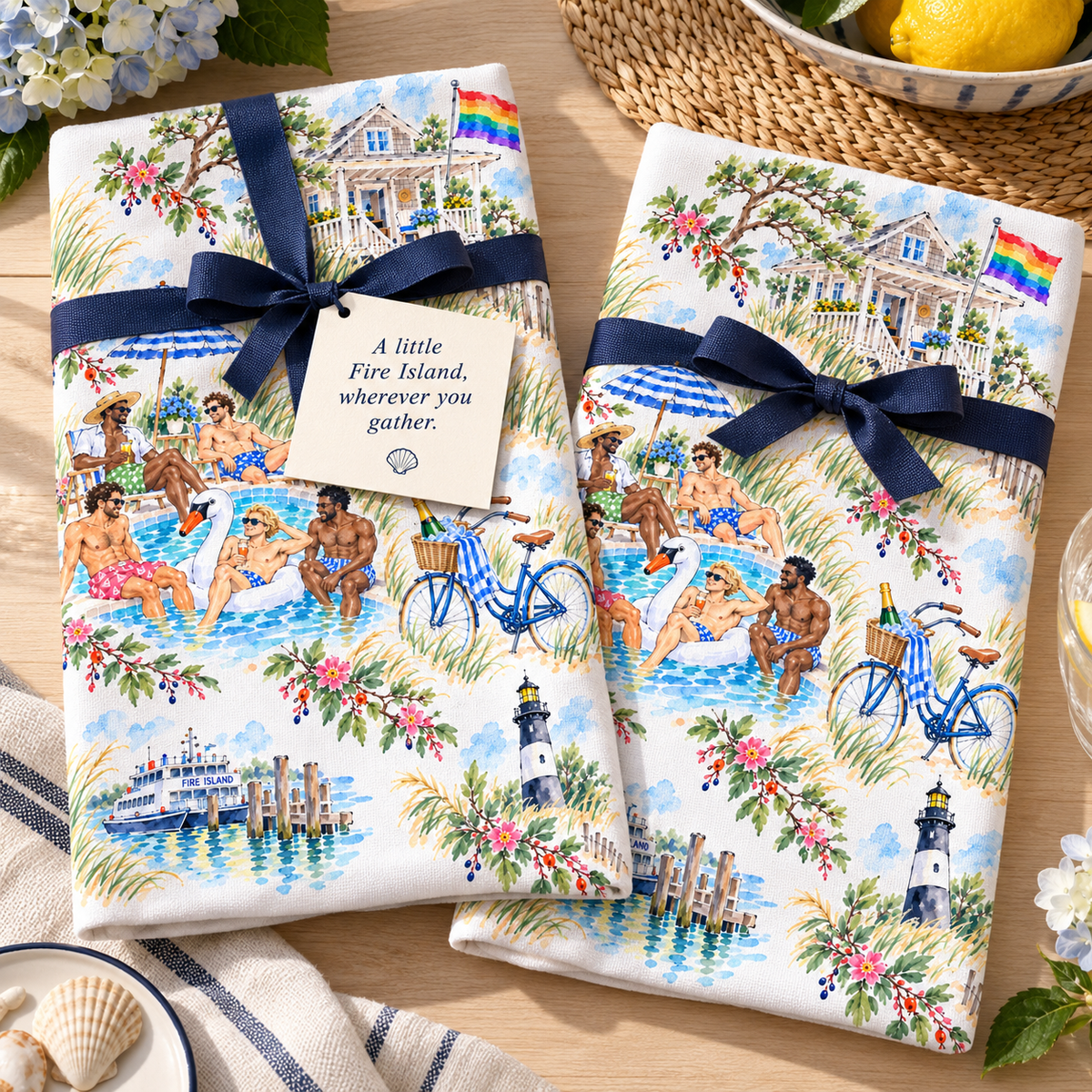 Fire Island Watercolor Tea Towel – Coastal Summer, Pride Beach House & Poolside Art