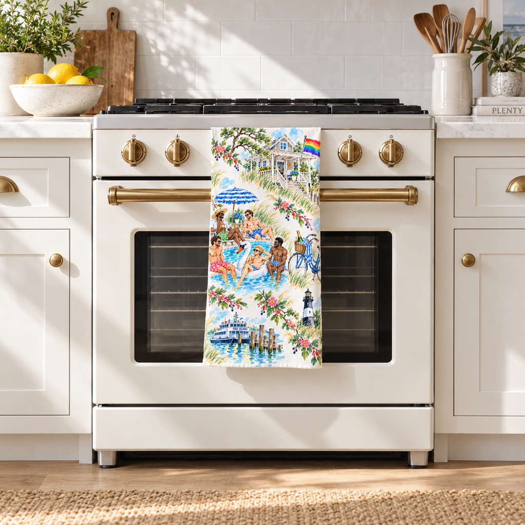 Fire Island Watercolor Tea Towel – Coastal Summer, Pride Beach House & Poolside Art