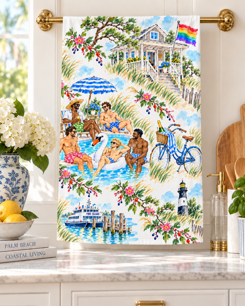 Fire Island Watercolor Tea Towel – Coastal Summer, Pride Beach House & Poolside Art