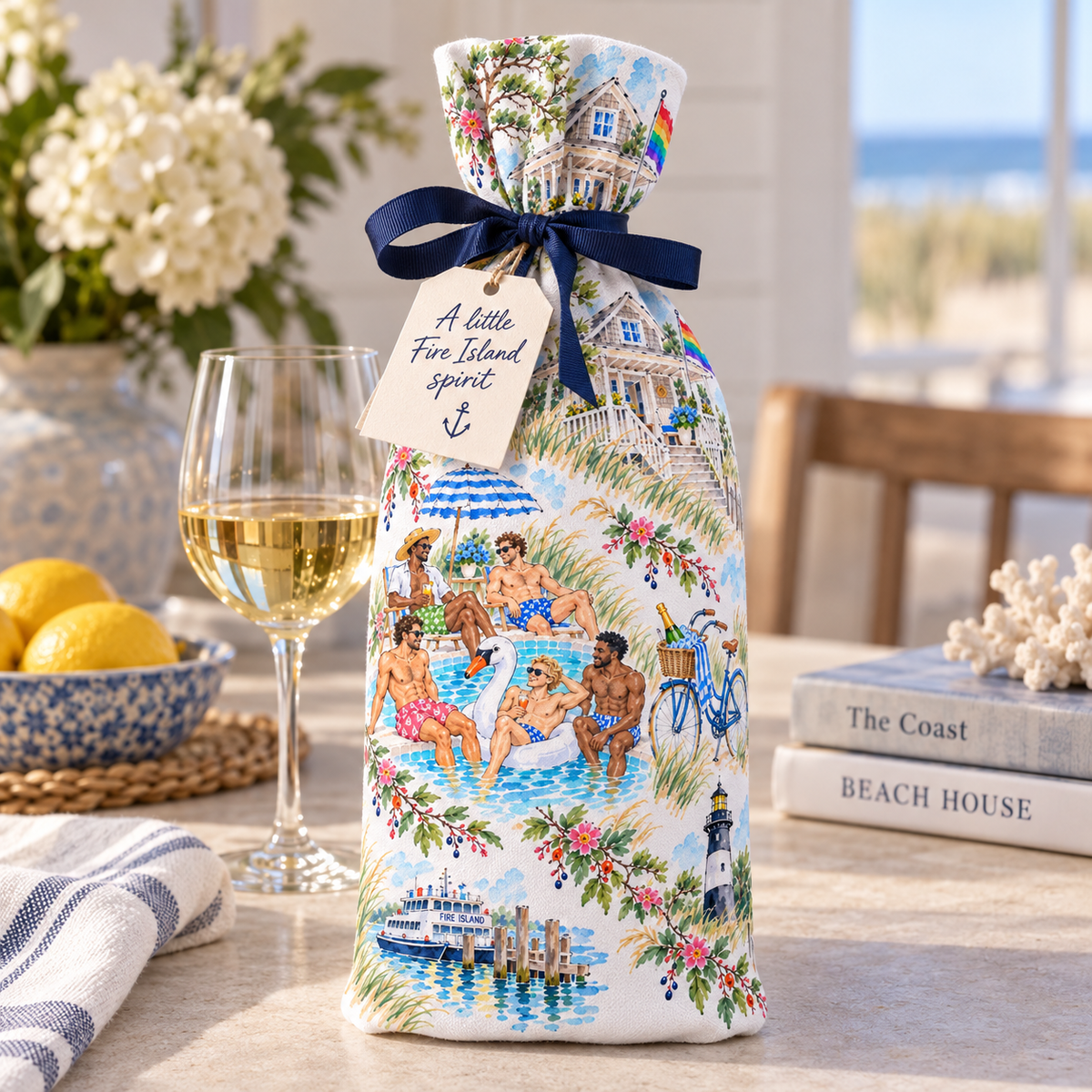 Fire Island Watercolor Tea Towel – Coastal Summer, Pride Beach House & Poolside Art