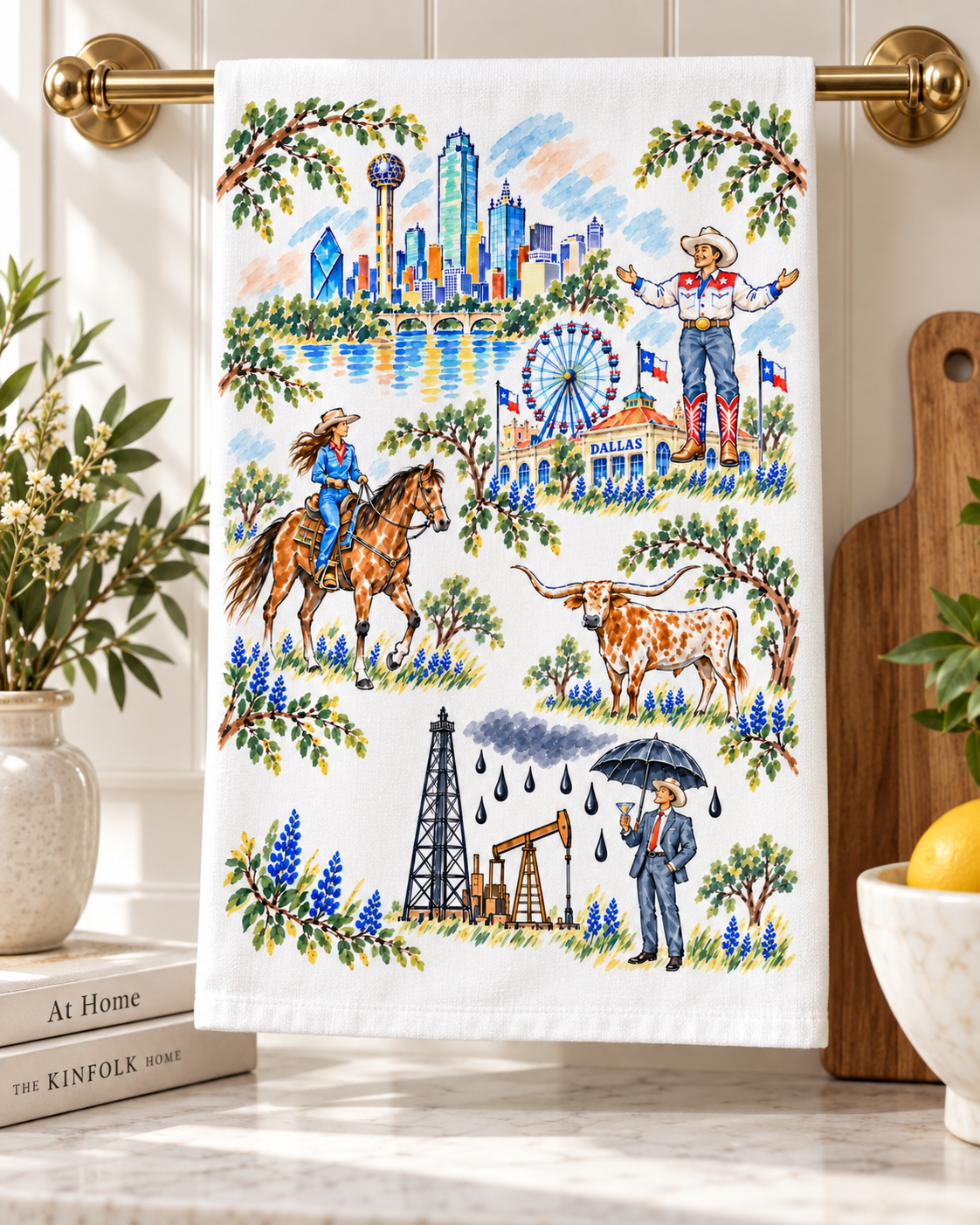 Dallas Texas Tea Towel, Western Kitchen Decor, Bluebonnet Dish Towel, Texas Longhorn Gift, Cowboy Hostess Gift, Dallas Souvenir