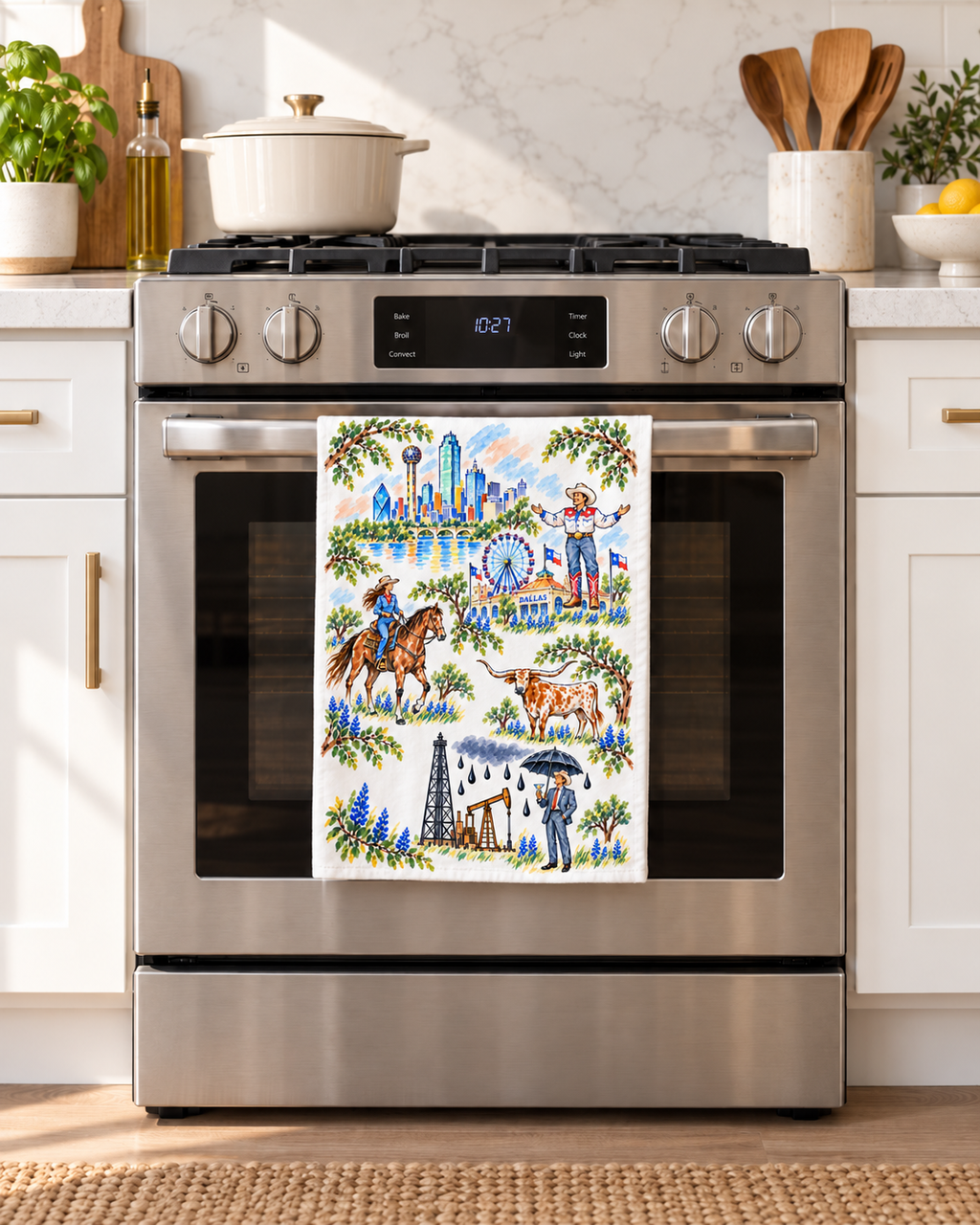 Dallas Texas Tea Towel, Western Kitchen Decor, Bluebonnet Dish Towel, Texas Longhorn Gift, Cowboy Hostess Gift, Dallas Souvenir