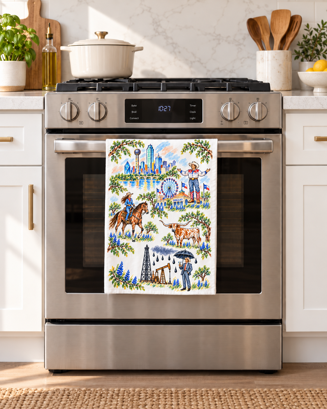 Dallas Texas Tea Towel, Western Kitchen Decor, Bluebonnet Dish Towel, Texas Longhorn Gift, Cowboy Hostess Gift, Dallas Souvenir