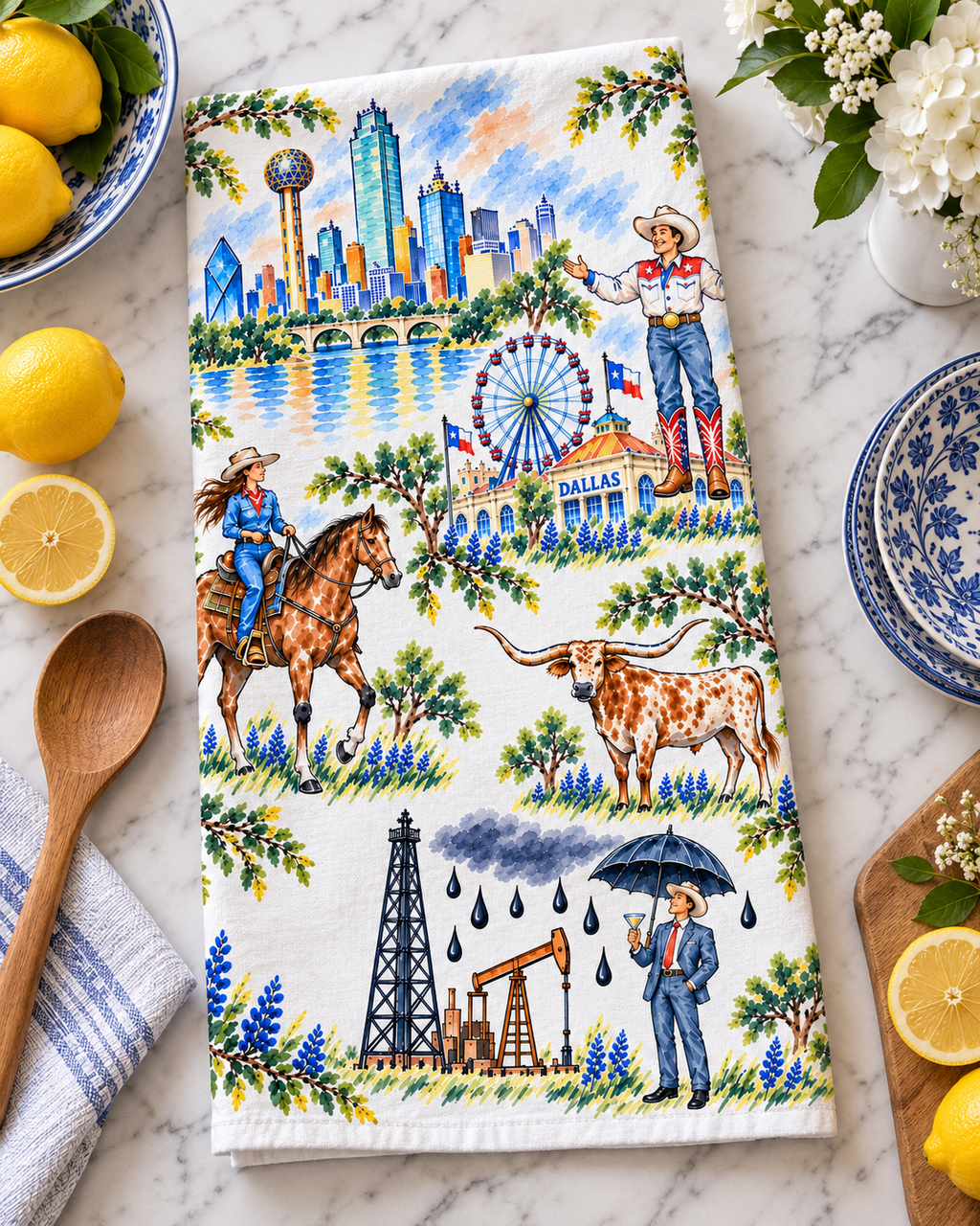 Dallas Texas Tea Towel, Western Kitchen Decor, Bluebonnet Dish Towel, Texas Longhorn Gift, Cowboy Hostess Gift, Dallas Souvenir