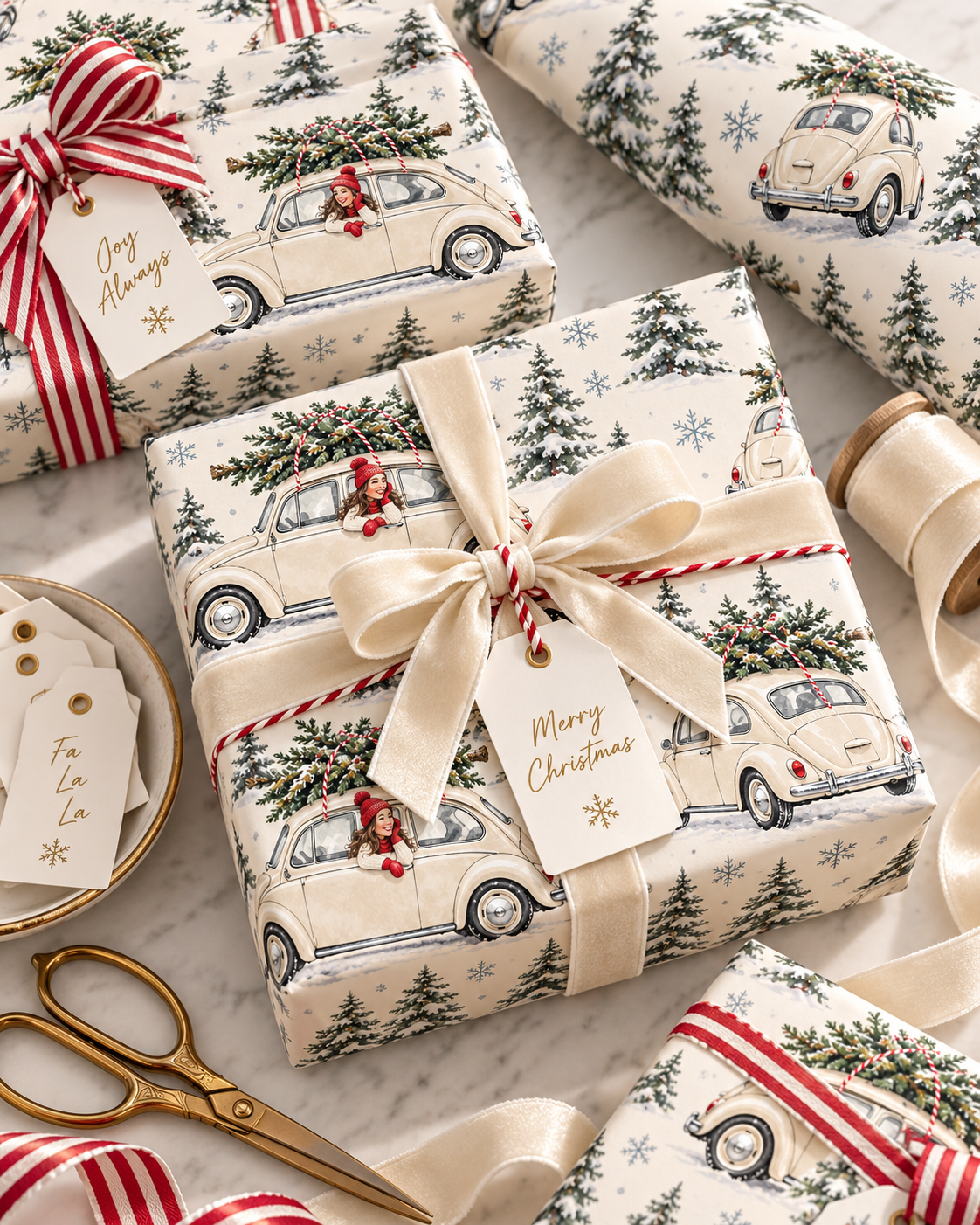 Vintage Christmas Wrapping Paper, Retro VW Beetle, Snowy Trees & Holiday Gift Wrap