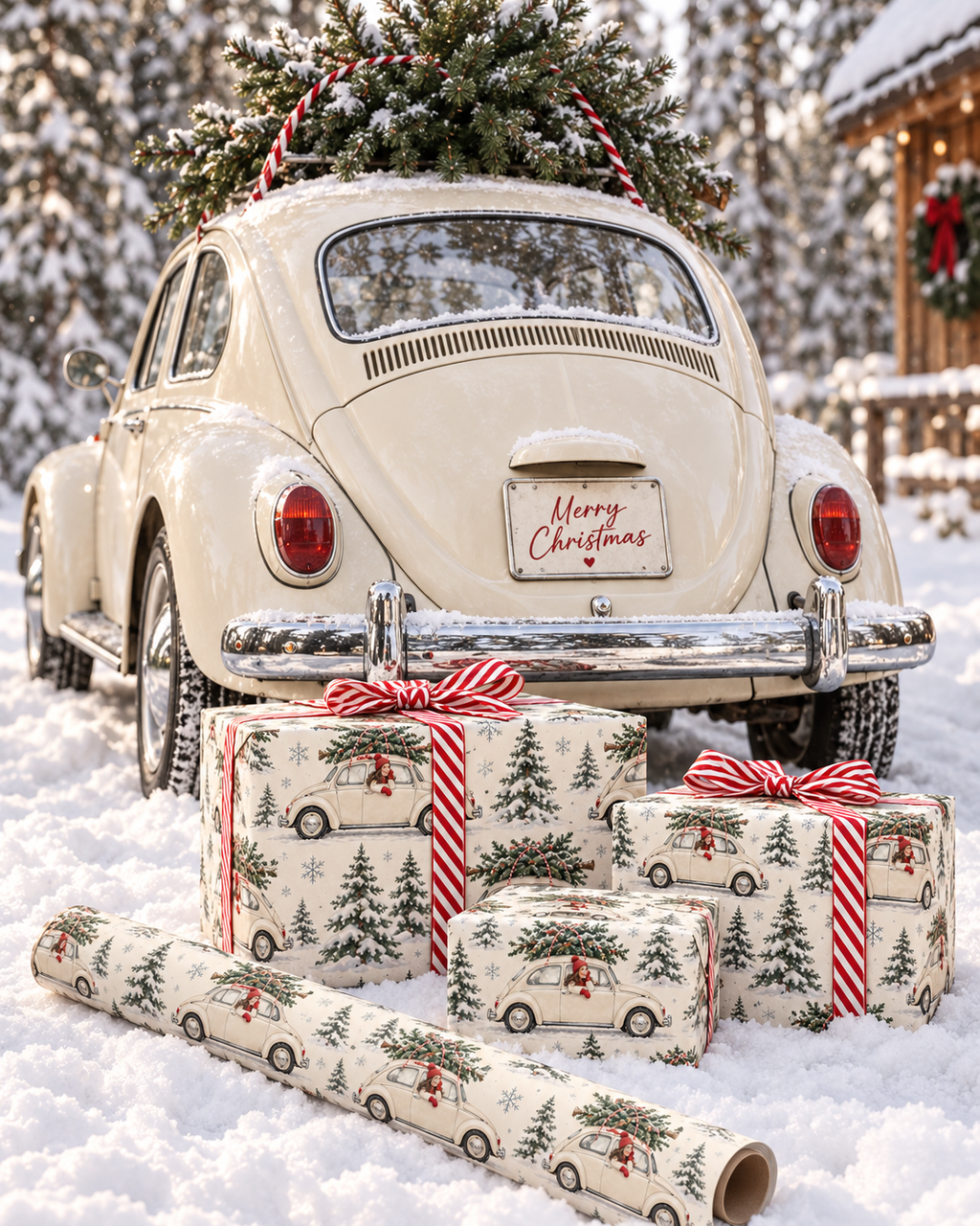 Vintage Christmas Wrapping Paper, Retro VW Beetle, Snowy Trees & Holiday Gift Wrap