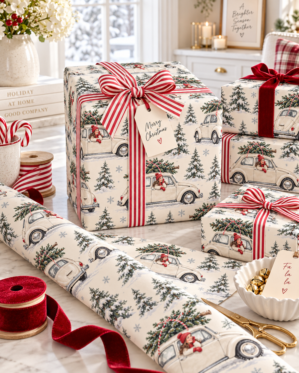 Vintage Christmas Wrapping Paper, Retro VW Beetle, Snowy Trees & Holiday Gift Wrap