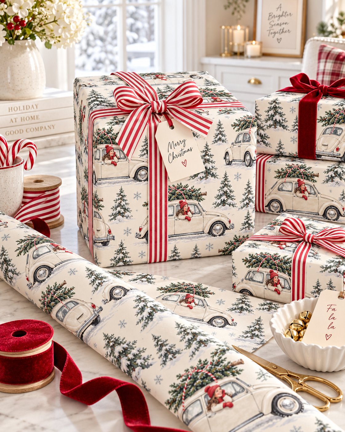 Vintage Christmas Wrapping Paper, Retro VW Beetle, Snowy Trees & Holiday Gift Wrap