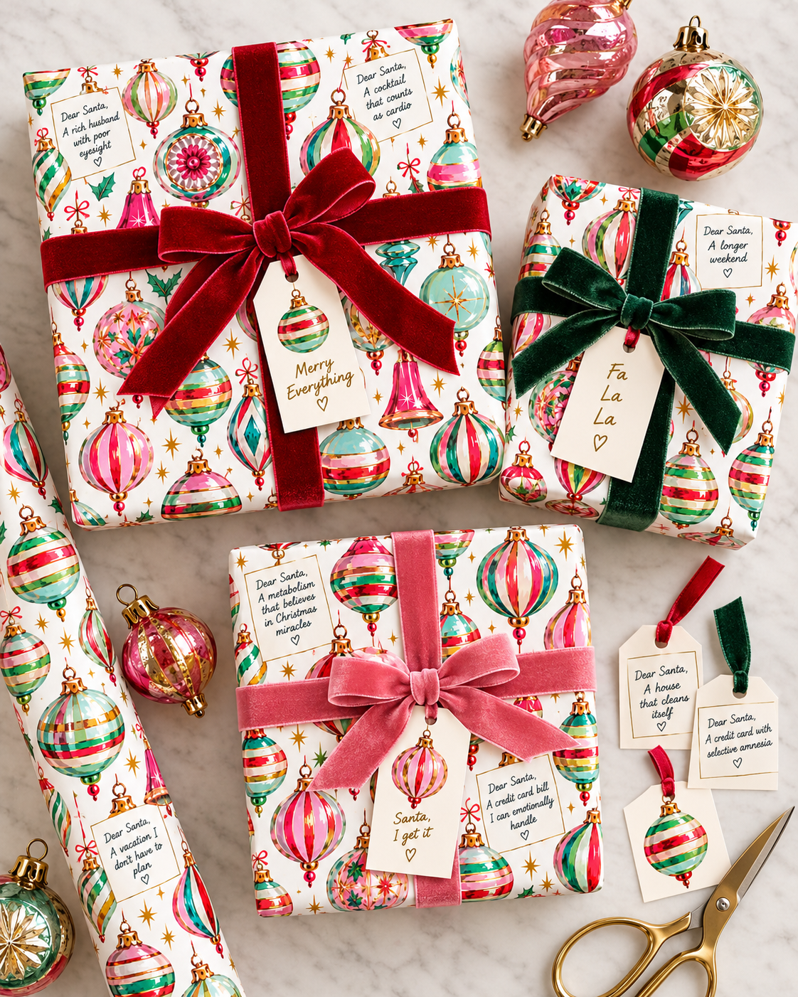 Santa Christmas List Vintage Ornament Christmas Gift Wrap | Funny Adult Holiday Wrapping Paper | Chic Retro Christmas Paper