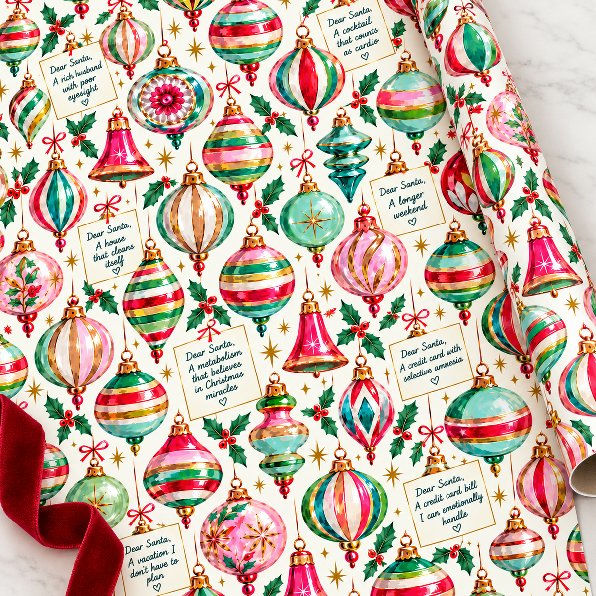 Santa Christmas List Vintage Ornament Christmas Gift Wrap | Funny Adult Holiday Wrapping Paper | Chic Retro Christmas Paper