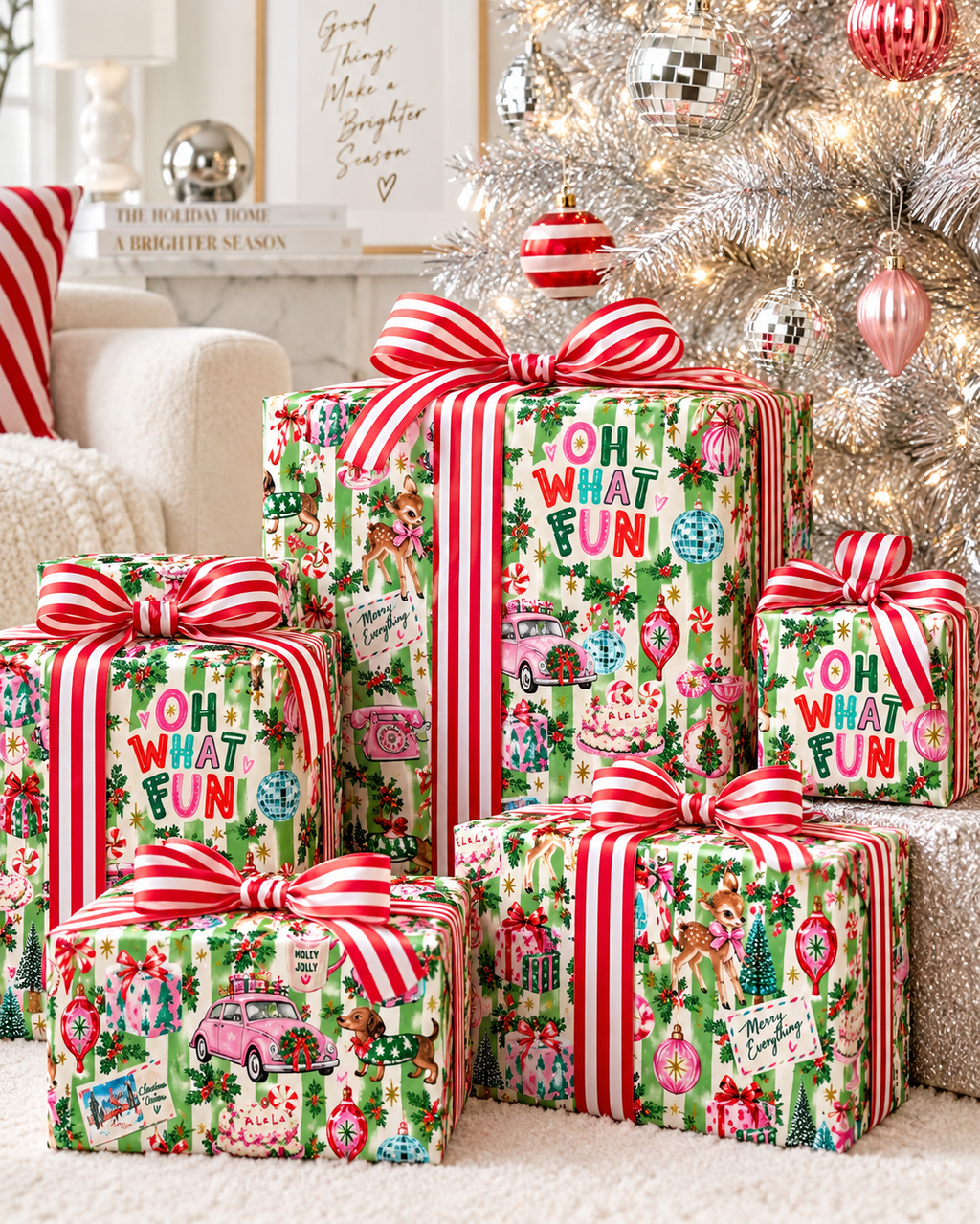 Oh What Fun Retro Christmas Wrapping Paper | Vintage Holiday Gift Wrap | Pink & Green Christmas Collage | Festive Kitsch Gift Paper
