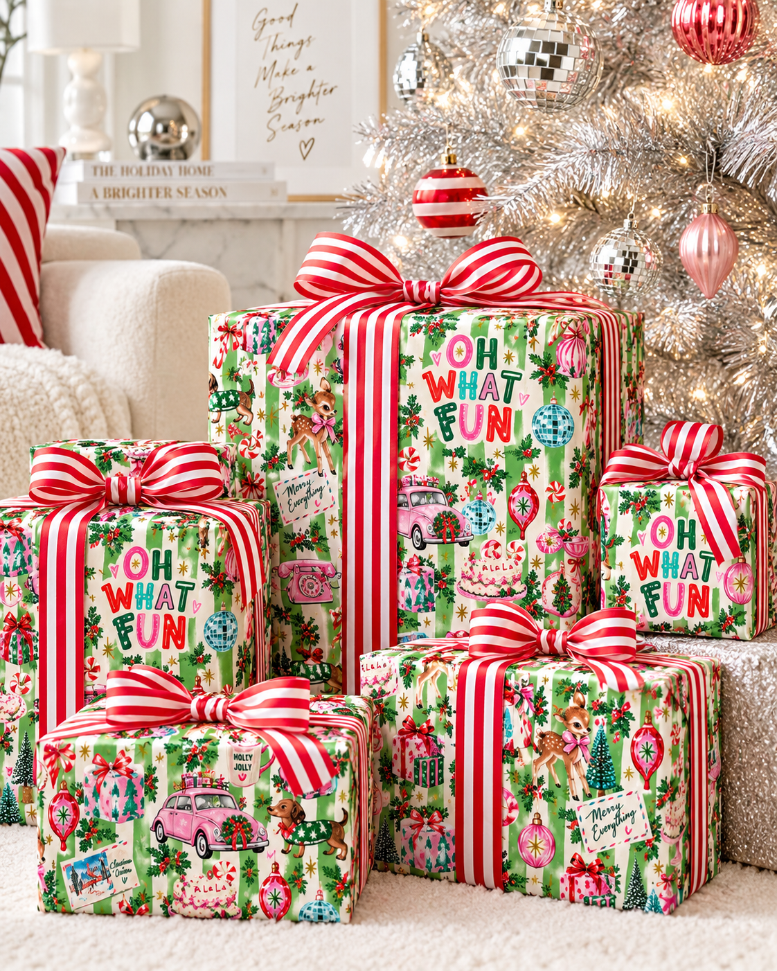 Oh What Fun Retro Christmas Wrapping Paper | Vintage Holiday Gift Wrap | Pink & Green Christmas Collage | Festive Kitsch Gift Paper
