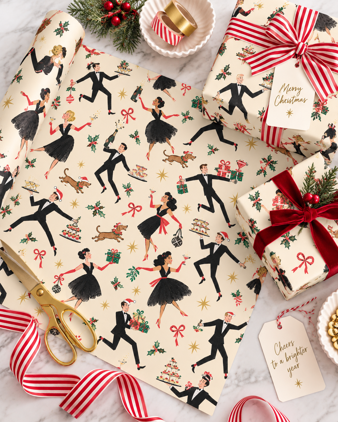 Vintage Holiday Cocktail Party Gift Wrap | Mid-Century Christmas Dancers, Champagne & Dachshunds