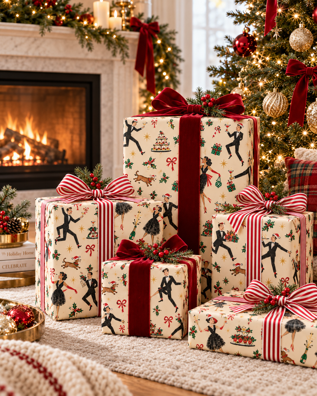 Vintage Holiday Cocktail Party Gift Wrap | Mid-Century Christmas Dancers, Champagne & Dachshunds
