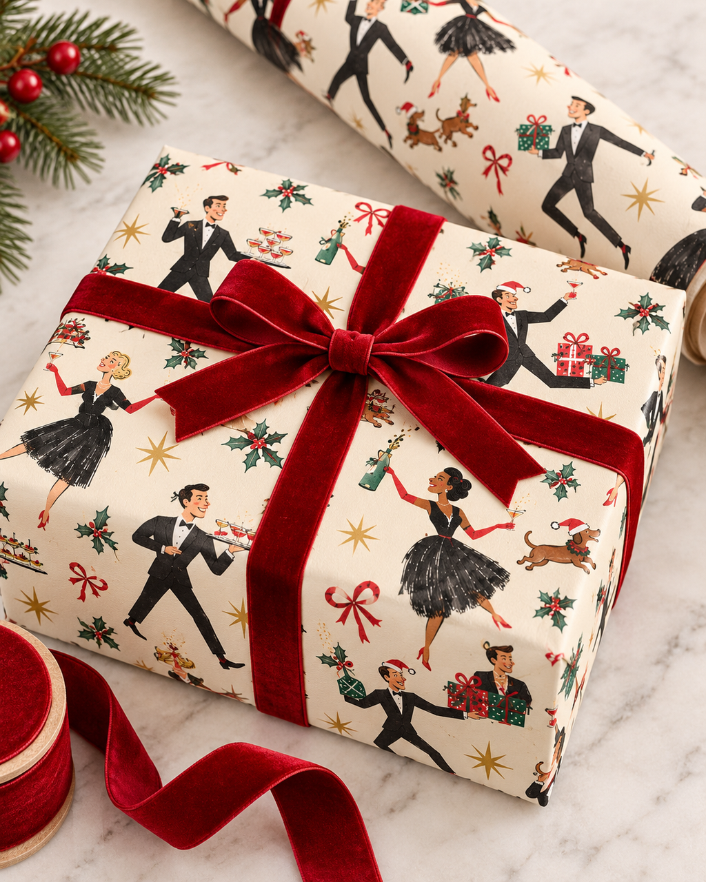 Vintage Holiday Cocktail Party Gift Wrap | Mid-Century Christmas Dancers, Champagne & Dachshunds