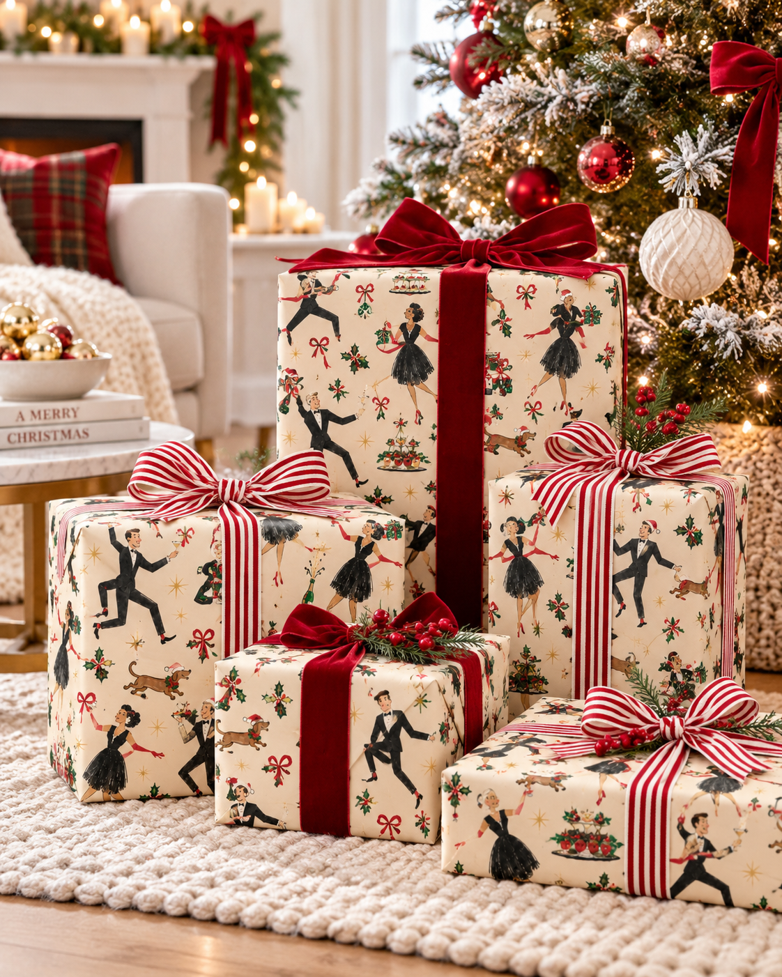 Vintage Holiday Cocktail Party Gift Wrap | Mid-Century Christmas Dancers, Champagne & Dachshunds