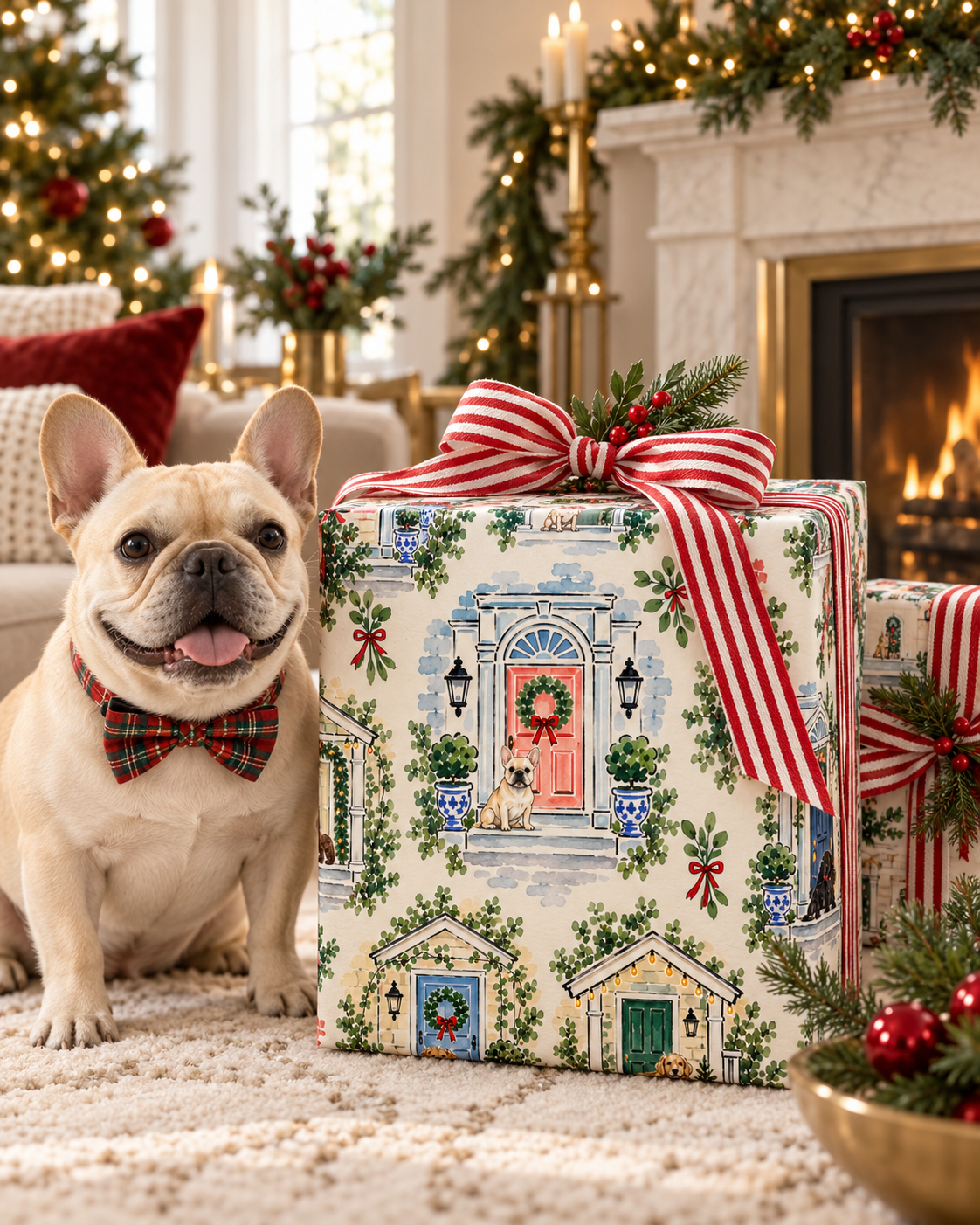 Christmas Dog Wrapping Paper, Vintage Holiday Door Gift Wrap, Mid Century Christmas Wrap, Dog Lover Holiday Paper