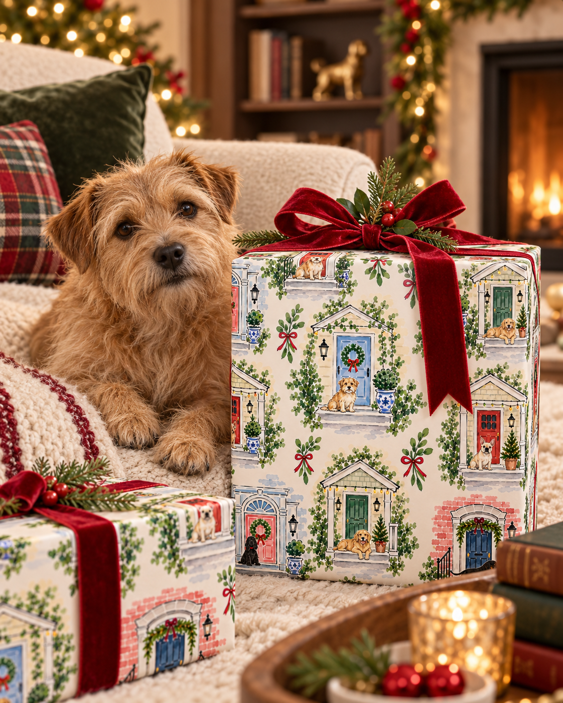 Christmas Dog Wrapping Paper, Vintage Holiday Door Gift Wrap, Mid Century Christmas Wrap, Dog Lover Holiday Paper