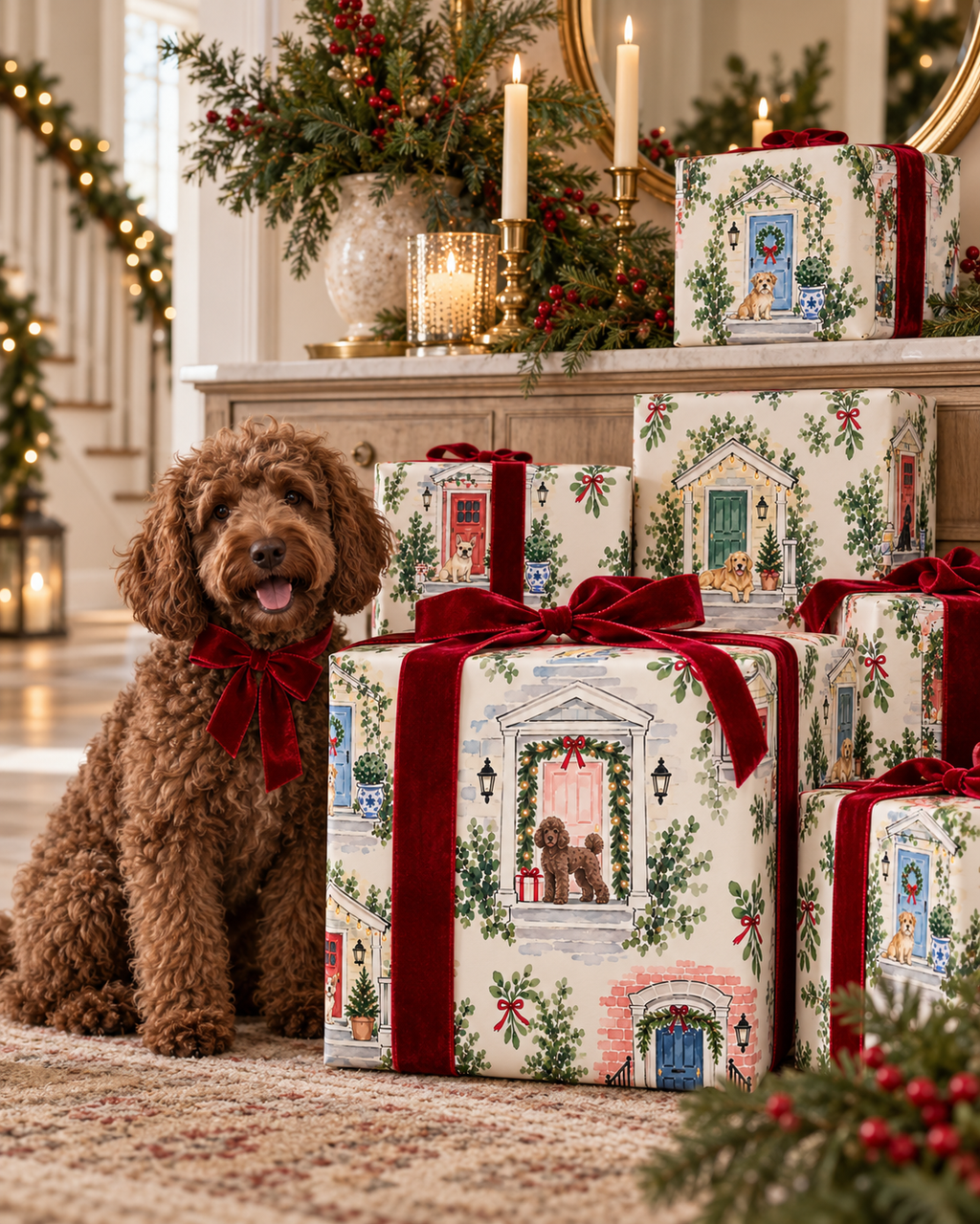 Christmas Dog Wrapping Paper, Vintage Holiday Door Gift Wrap, Mid Century Christmas Wrap, Dog Lover Holiday Paper