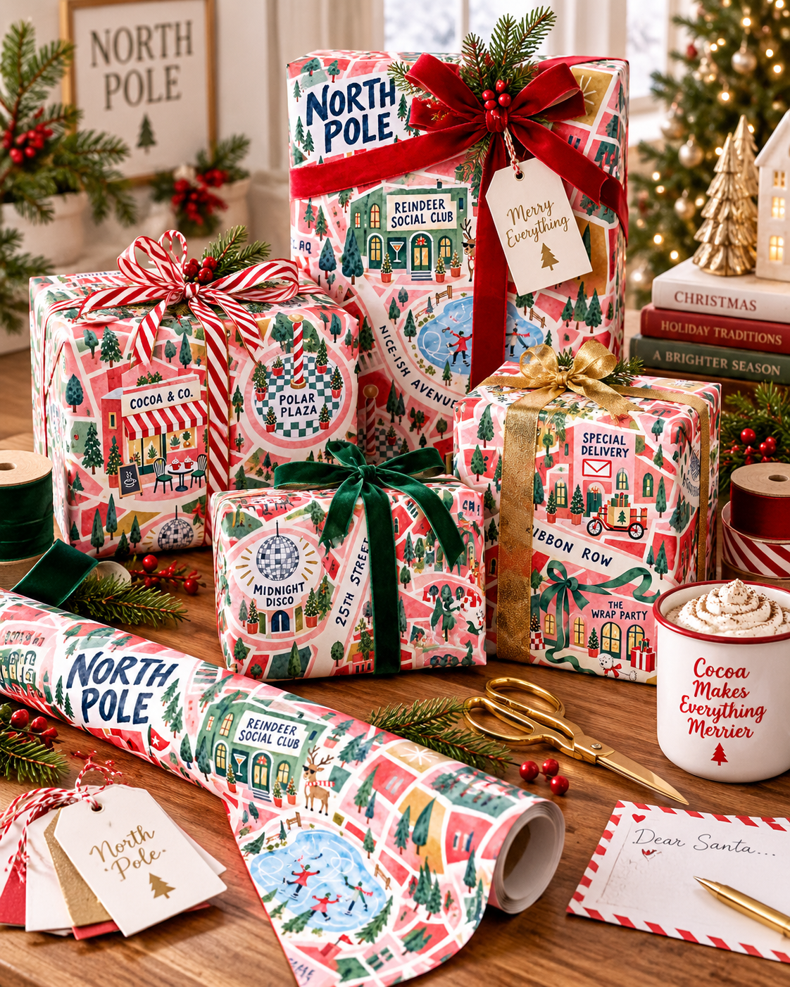 North Pole Christmas Wrapping Paper, Retro Illustrated Holiday Village Gift Wrap with Santa, Reindeer & Christmas Map