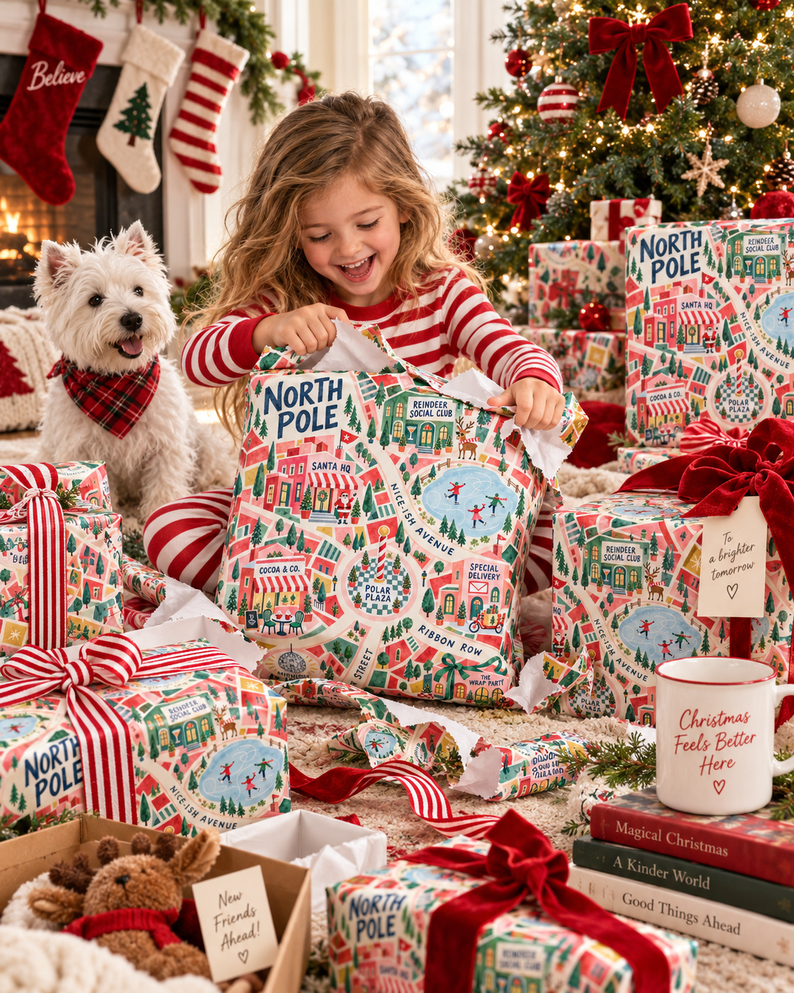 North Pole Christmas Wrapping Paper, Retro Illustrated Holiday Village Gift Wrap with Santa, Reindeer & Christmas Map