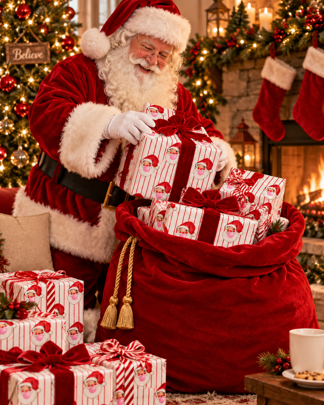 Retro Santa Wrapping Paper – Pink Bubblegum Santa Christmas Gift Wrap, Vintage Red Stripe Holiday Wrapping Paper