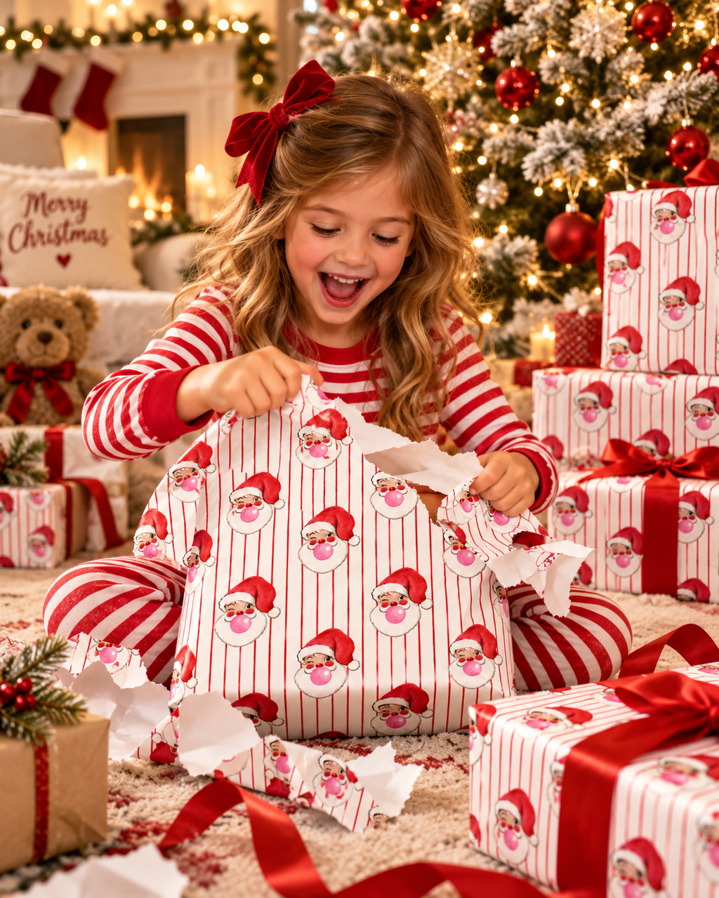 Retro Santa Wrapping Paper – Pink Bubblegum Santa Christmas Gift Wrap, Vintage Red Stripe Holiday Wrapping Paper